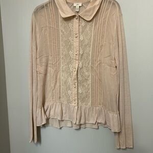 J Jill Womens Shirt L Blush Pink Lace Button Up Long Peplum Ruffle Dressy